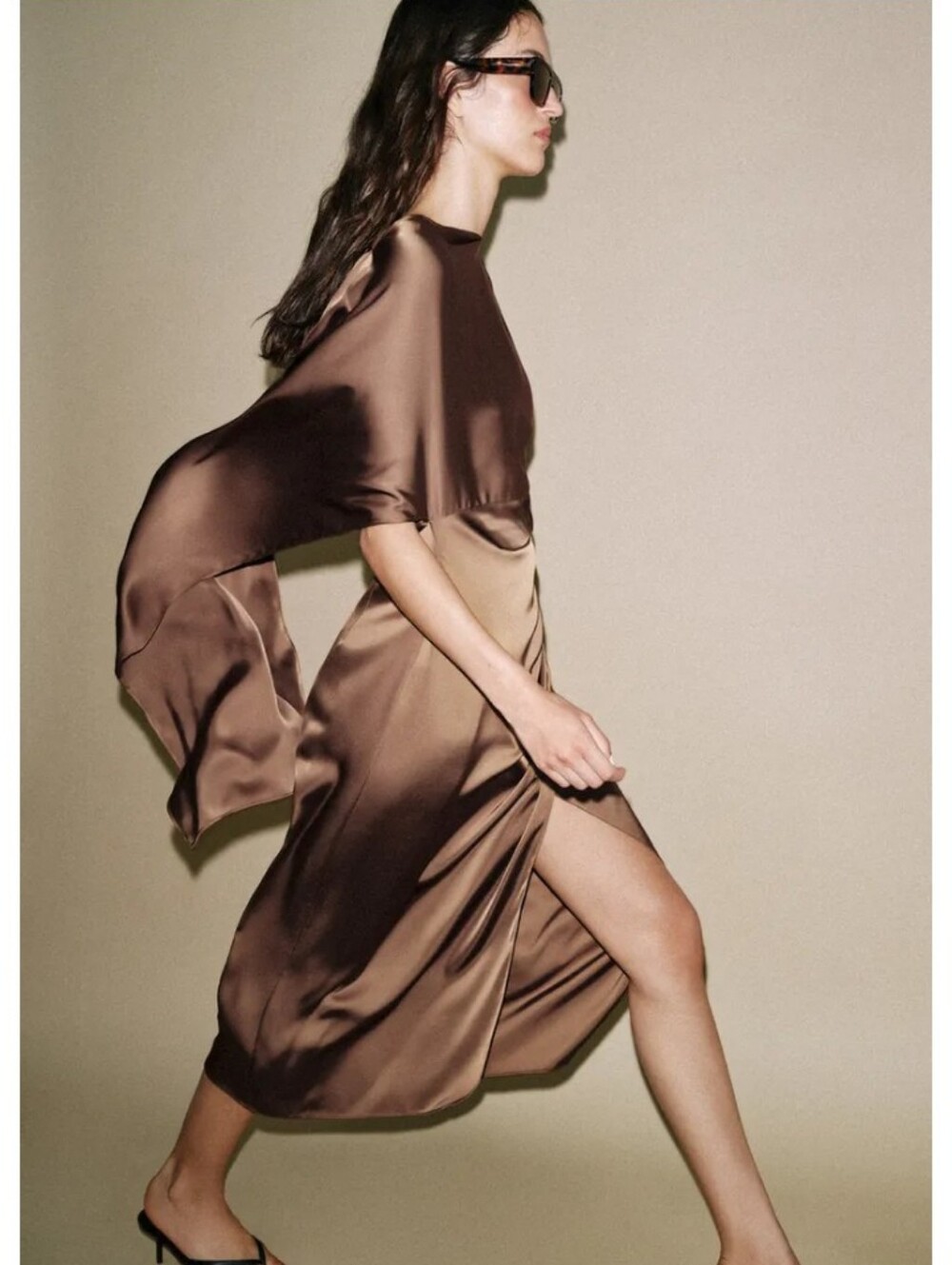 Zara Satin Effect Cape Brown Midi Dress - Picture 7 of 10